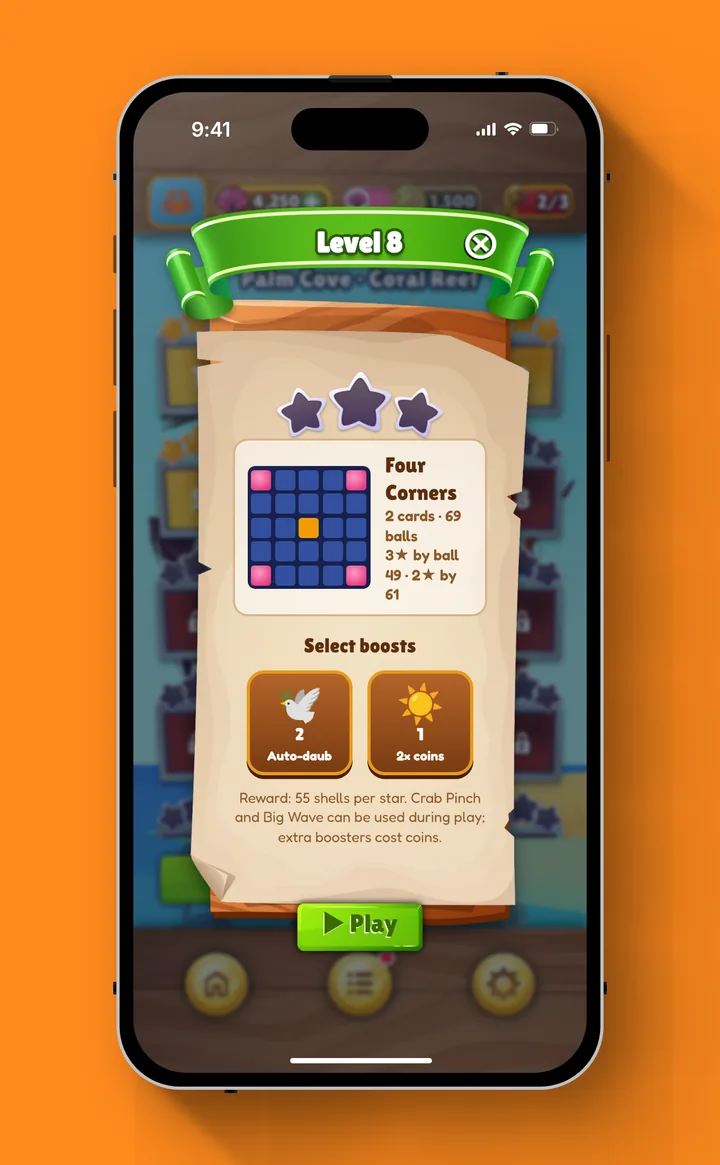 Level 8: Four Corners, two cards, with boosts to pick