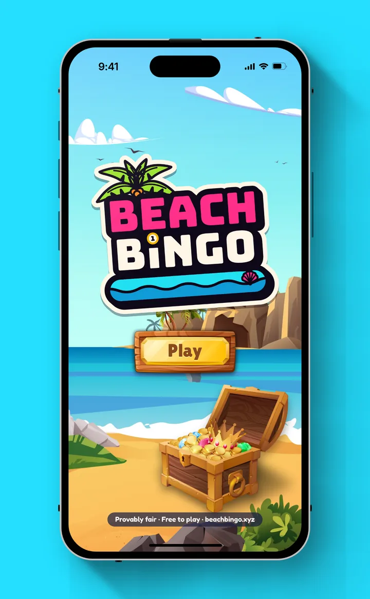 Beach Bingo’s opening screen: the logo over a beach with a treasure chest