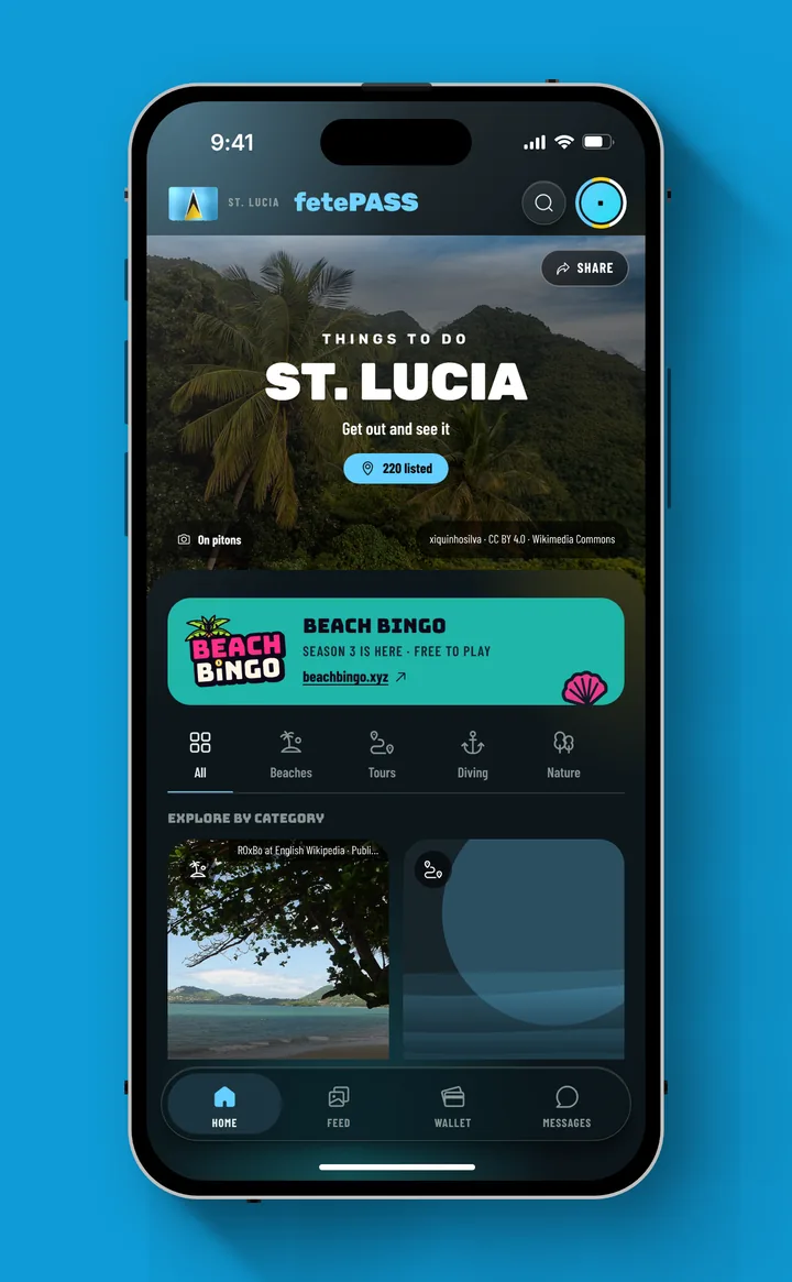 Things to do on St. Lucia, with a photograph of the Pitons and picture tiles for each category