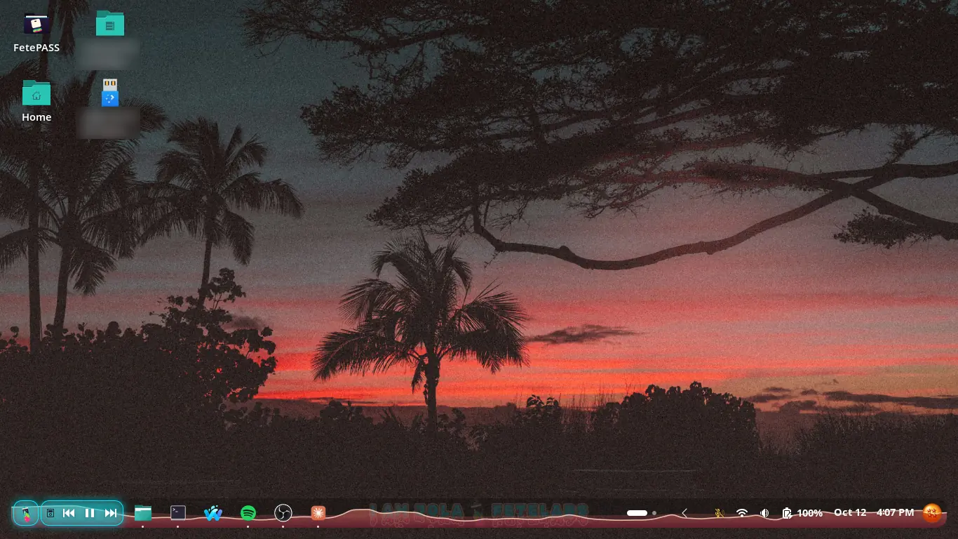 Palm trees against a red sunset, with the bar’s water a deep red and the player controls lit in teal